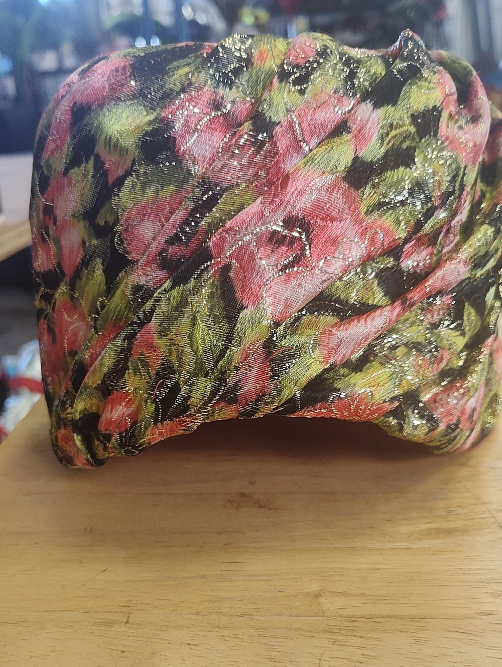 Floral Turban Hat in Black with Pink & Green & Gold Accents